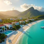 Villas de luxe en bord de mer en Martinique avec piscines, mer turquoise et voiliers au coucher du soleil