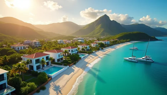 Villas de luxe en bord de mer en Martinique avec piscines, mer turquoise et voiliers au coucher du soleil